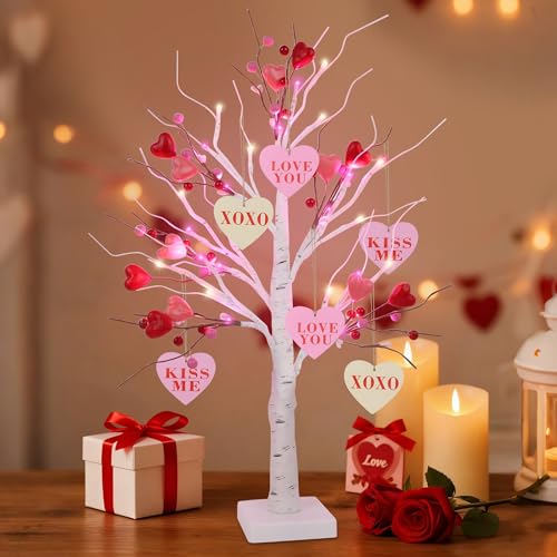 DR.DUDU 2Pcs 24 Inch Valentines Day Birch Tree Lights, Artificial Branch Tree Hanging Heart Ornaments, Pre-Lit Tabletop Bonsai Tree Light, Lighted Branches for Home Wedding Party Table Mantle Decor by DR.DUDU - Image 7