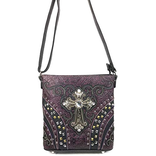 Justin West Clydesdale Tooled Leather Metal Stud Cross Conceal Carry Women Handbag Purse2