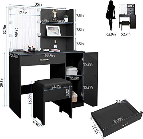Makeup Vanity With Lighted Mirror, Vanity Desk With Drawer And Storage Cabinet, Vanity Dresser Lighted Mirror Dressing Table For Bedroom, Bathroom, Black #TOP5