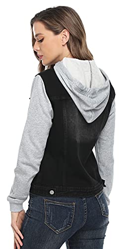 Miss Moly Women's Layered Drawstring Hood Denim Jacket W Pockets Black M #TOP4