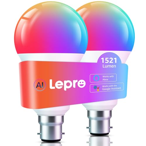 Lepro B22 AI Smart Bulb, 1521LM Smart Light Bulb, 12W, Schedule & Timer, Energy Saving, 16 Million Colors, Work with Alexa & Google Assistant, Personalized AI Lighting Designer, 2 Packs 1521