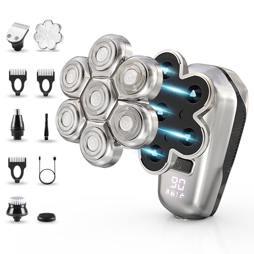 Rasoio elettrico calvo da uomo: rasoio rotante 5 in 1, 7D, impermeabile, elettrico ricaricabile, con display a LED