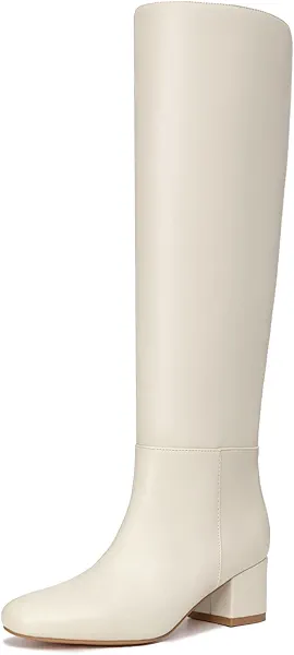 Athlefit Knee High Boots for Women Chunky Block Heel Beige Tall Boots Round Toe Fashion Pull On Booties Size 5.5
