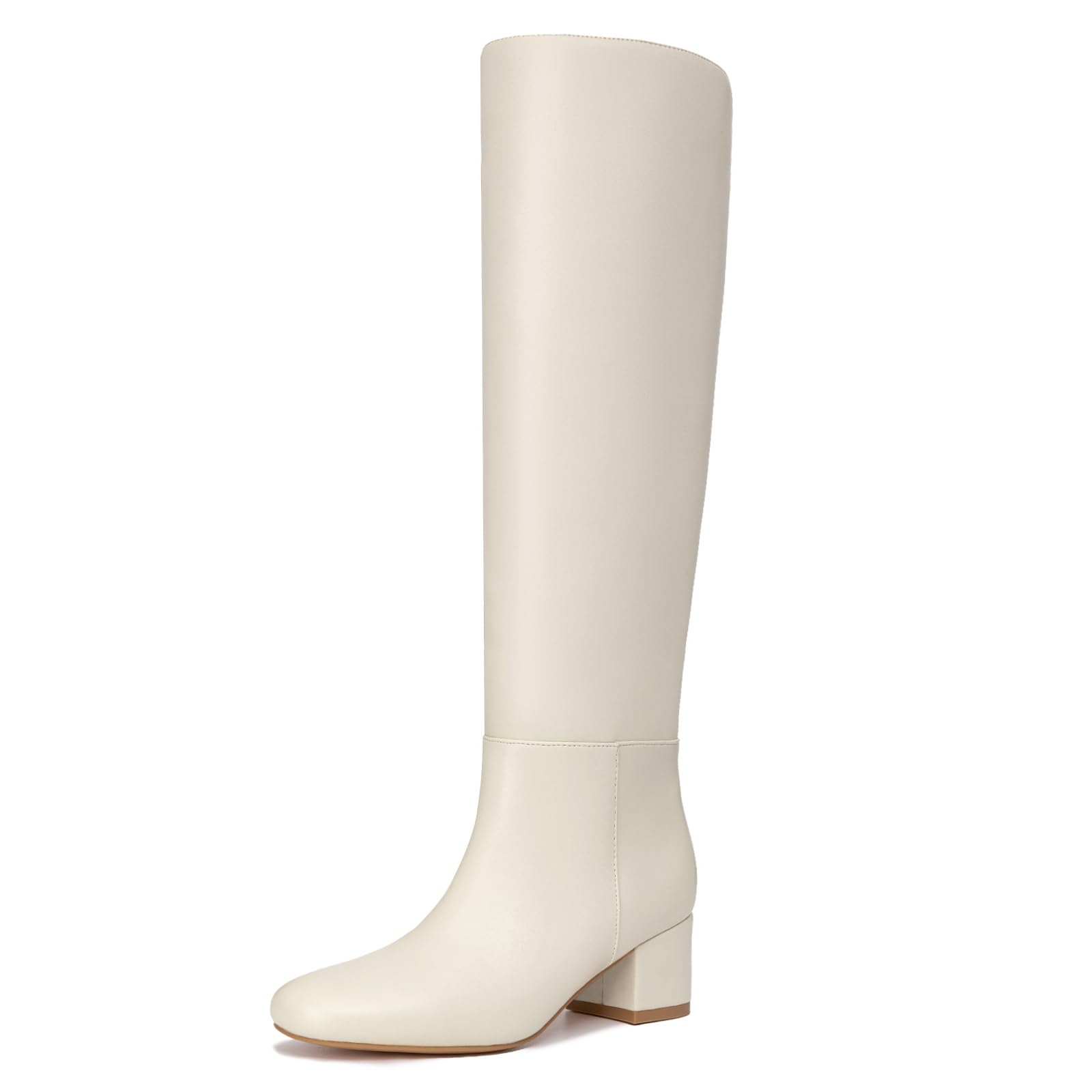 Athlefit Knee High Boots for Women Chunky Block Heel Beige Tall Boots Round Toe Fashion Pull On Booties