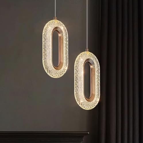 Image of Groeien Pack of 2 |12W | 3 Color Gold Finish Modern LED Crystal Oval Hanging Pendant Ceiling Lamp Fixture | Chandelier for Home, Indoor, Outdoor,Living Room, Bedroom(Oval-Crystal Ring, 2)