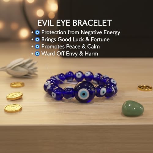Image of Arihant Gems & Jewels Feng Shui Blue Evil Eye Bracelet with Laughing Buddha Charm | Nazar Batu Beaded Stretch Bracelet for Protection, Good Luck & Prosperity (Unisex)
