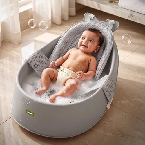 Image of Baybee Whale Baby Bath tub for 0 to 5 Years | Baby Bath Tub for Kids with Soft Mesh Cushion Support & Easy Drains | Bather & Bathtub for Newborn Boys Girls | Mini Swimming Pool for Babies (Grey)