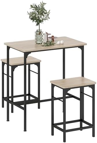 HOMCOM 3-Piece Dining Table Set for 2, Bar Table Set with 2 Stools and Footrest for Kitchen, Living Room, Dining Room, Small Space, Apartment, Natural Wood