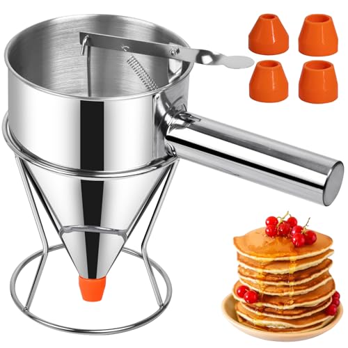 Pancake Dispenser, Sopito 40oz/1.2L Batter Dispenser for Baking with Stand Stainless Steel Funnel Multifunctional for Cooking with 4 Silicone Nozzles