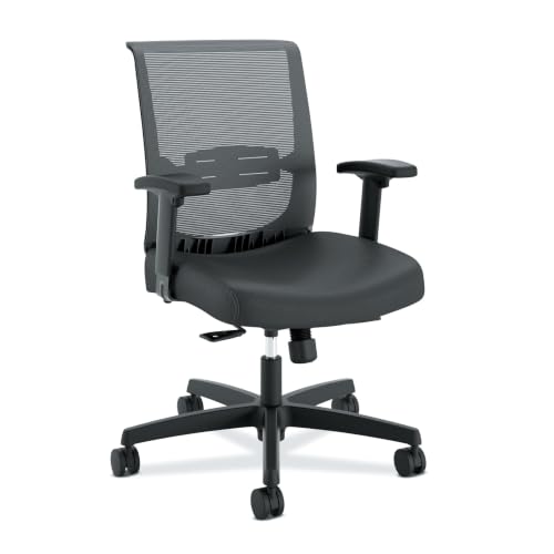 Image of HON Convergence Ergonomic Office Chair with Mesh Back, Vinyl Seat Cushion, Adjustable Arms, Lumbar Support, Synchro‑Tilt Swivel Desk Chair with Wheels for Home Office, Black Frame, Black