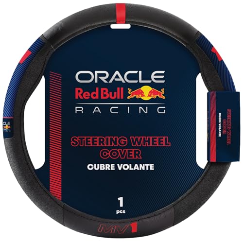 Image of Red Bull Racing Steering Wheel Cover - Universal Fit, Perforated Leather with Cloth Grips, Sporty Design, Protects & Enhances Your Vehicle's Style (RBSWC002MVBR)