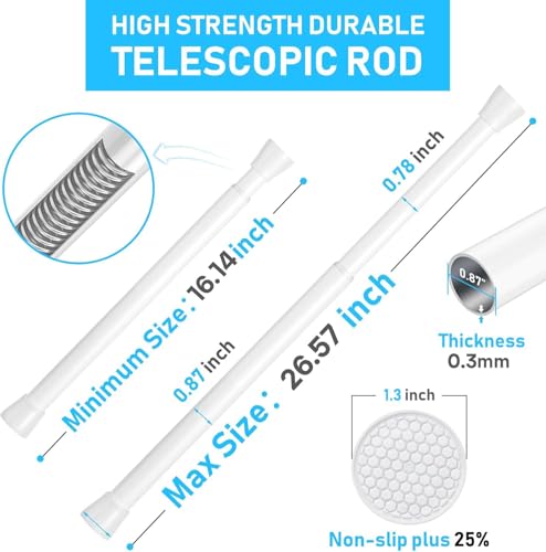 Image of MEXAU 2 Pack White Tension Rod 16 To 26 Inch Spring Tension Rod Adjustable Spring Curtain Rods No Drilling Short Curtain Rod Extendable Small Spring Tension Rod for Closet Cupboard Bars Refrigerator