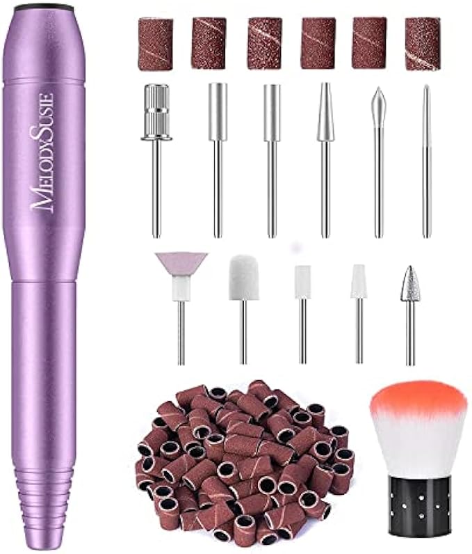 MelodySusie Electric Nail Drill Machine 11 in 1 Kit, Portable Electric Nail File Efile Set for Acrylic Gel Nails, Manicure Pedicure Tool with Nail Drill Bits Sanding Bands Dust Brush, Purple