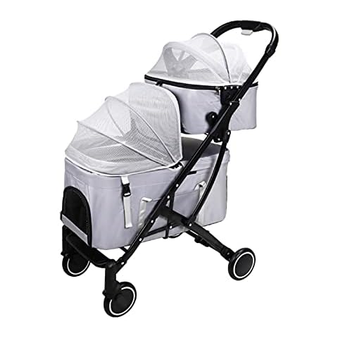 MASME Cat Strollers Dog Prams Pushchairs, Double-layer Pet Strollers Premium Pet Stroller for 2 Cats Dogs Detachable Two-layer Stroller Travel Cart Carrier for Twin or Multiple (Color : Grey A) Cover