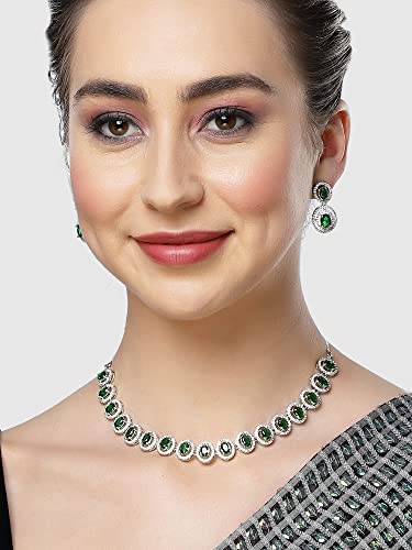 Image of Karatcart Silver Tone Green American Diamond Studded Necklace Set for Women