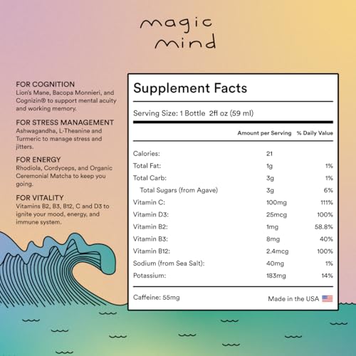 Magic Mind Energy And Focus Drink Shots - Stress Relieving, No Jitters, Ashwagandha, Vitamin B12, Vitamin C, Matcha Green Tea, Functional Mushrooms - 2 FL Oz (15 Pack)