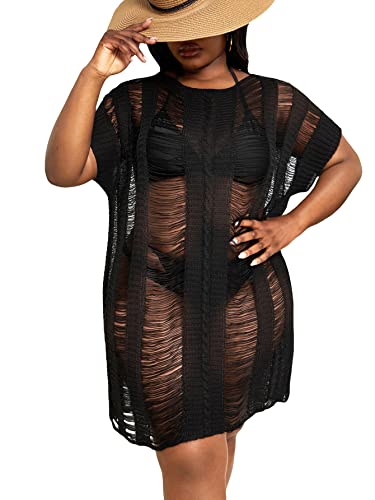 Floerns Women's Plus Size V Neck Fringe Trim Slit Hem Cover Up Swimwear