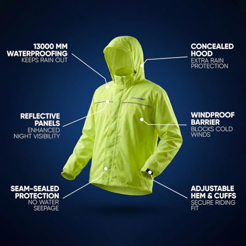 Image of TVS Racing Rainshield Pro Rain Jacket | Lightweight Waterproof Rain Coat for Men | Compact Rain Jacket for Boys & Girls | Windproof Riding Rain Coat with Reflective Details - Neon