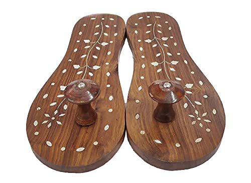 Image of Art and Craft India Wooden Handmade khadau for Temple Decoration | Khadau Slipper for Men & Women | Wearable Charan Paduka | mandir Puja Ghar Decoration Item | Slipper for Lord Temple (Brass Design)