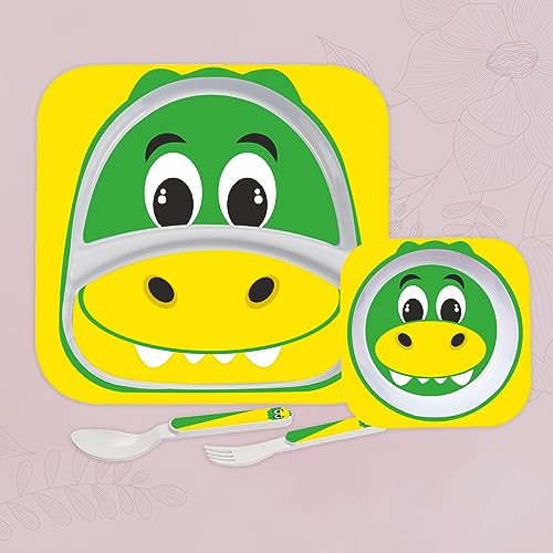 Image of Cello Kids Meal Melamine Dinner Set with Crocodile Print | Safe and hygenic for Kids to use | Attractive and Long Lasting Designs | Break Resistant | Yellow, Set of 4