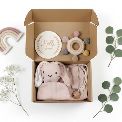 Chanseny Nacimiento & Ternesse – Caja de regalo para bebé mixta de 6 piezas | Doudou Conejo, Babero, Anillo Dentición Madera Natural, Sujetador para tetina, Bolsillo, Gasa (Rosa) Rosa Polvido Claro