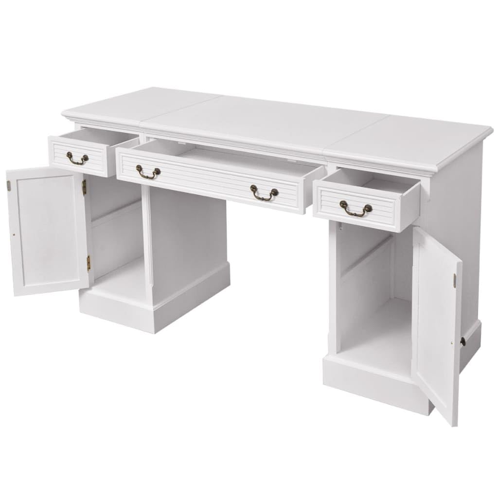 Scrivania bianca segretaria 140 x 48 x 80 cm con 3 cassetti e 2 scomparti per armadi in MDF e legno di pino, mobili da ufficio durevoli con spazio di archiviazione
