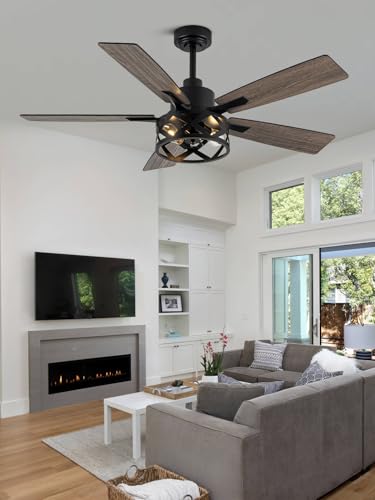Image of 52 inch Farmhouse Rustic Caged Chandelier Fan with Light