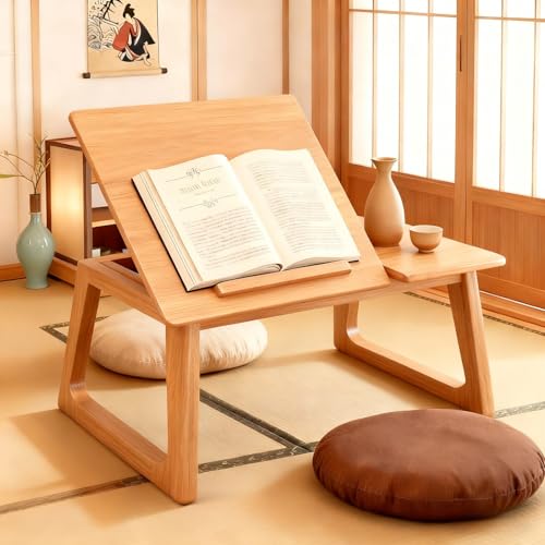 Mesa de suelo japonesa con tapón para libros, ángulo ajustable de 4 niveles, mesa baja para sentarse, dormitorio, sala de estar, meditación, zonas de tatami