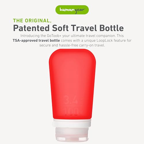 Image of humangear GoToob+ (Large) | Refillable Silicone Travel Bottle | Locking Lid | Food-Safe Material | Red, Large (3.4 fl.oz.; 100ml)