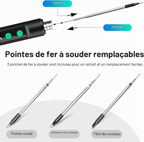 Kit de fer à souder sans fil portable rechargeable par USB avec écran LCD, température réglable, 3 pointes de soudure, pâte à souder, fil à souder, noir – vue 4