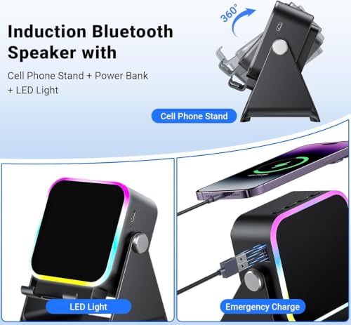 Image of Wireless Induction Speaker with Phone Stand, Rechargeable Bluetooth Audio Amplifier with RGB Colorful Light, Foldable Desktop Mobile Holder for iPhone, Samsung, Android, Home, Office & Gifts