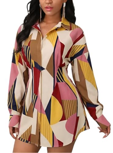 Image of Glozeplus Long Sleeve Button Down Collar Mini Shirt Dress for Women