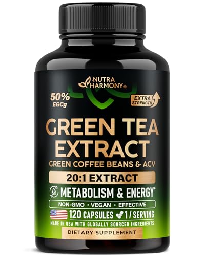 Green Tea Extract - 50% EGCG, Extra Strength 20:1 Extract - Natural Green Tea Supplement + Green Coffee Beans & Apple Cider Vinegar - Energy & Metabolism Support - for Men & Women - Vegan 120 Capsules