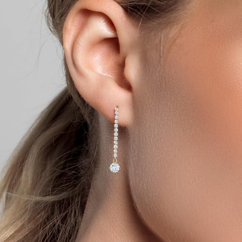 Gem Stone King 14K Yellow Gold Gemstone Birthstone and White Lab Grown Diamond Long Liner Dangle Earrings for Women | Round 4MM | Yellow Gold Chain Drop Earrings3