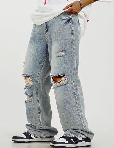 FCOOLYEET Men's Baggy Jeans Y2k Grunge Distressed Ripped Jeans Streetwear Wide Leg Hip Hop Denim Pants with Holes2