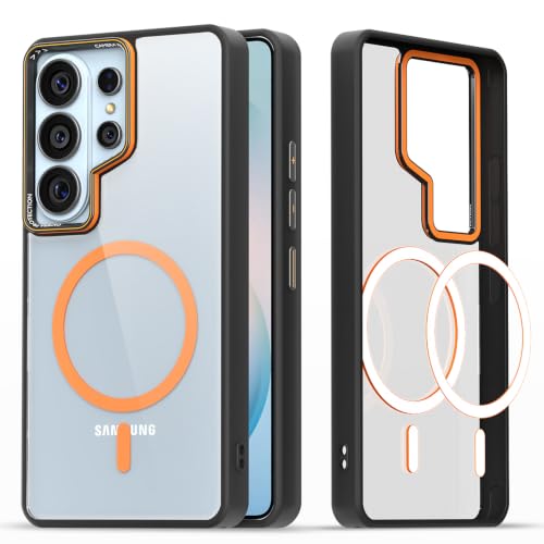 Image of Pikkme Back Cover for Samsung S26 Ultra 5G | Shockproof | Mag-Safe Compatible | Hard Transparent Back | Premium Raised Camera Protection | Bumper Case (Black & Orange Mag-Safe)