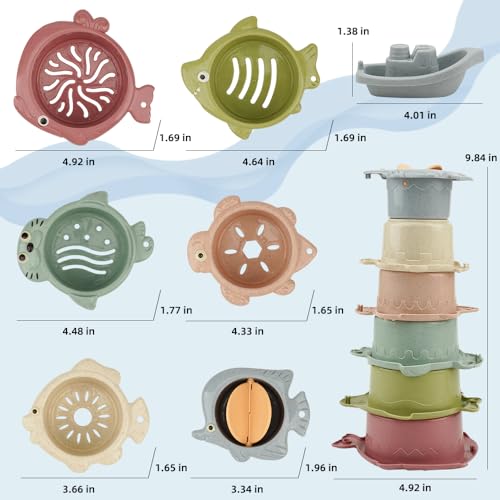 Baby Bath Toys Floating Boats and Sea Animal Shapes Stackable Cups for Toddlers 1-3 | 11 PCS Mold Free Bathtub Toy for Infants 6-12 Months | No Mold Pool Toys Shower Toys for 1 2 3 Year Old