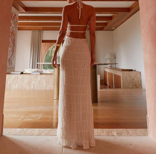 Image of Argeousgor Women Halter Neck Backless Summer Dresses 2025 Sleeveless Tiered Ruffle A-Line Flowy Cocktail Party Maxi Dress