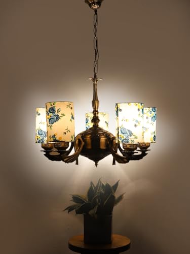 Image of Devansh 05-Light Round Printed Multicolor Cotton Shade Chandelier - Antique Golden Finish | Adjustable Cord | Warm Glow Lamp - Ceiling Light for Living Room, Dining Area, BedroomDecor - D17
