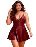 comeondear Lederkleid Damen Kurz Sexy Babydoll Dessous für Mollige Frauen Rave Outfits Festival Curvy PU Lder Kleid Wetlook Große Größen Minikleid Reizwäsche Clubwear Cosplay Lingerie Women(Rot,3XL)