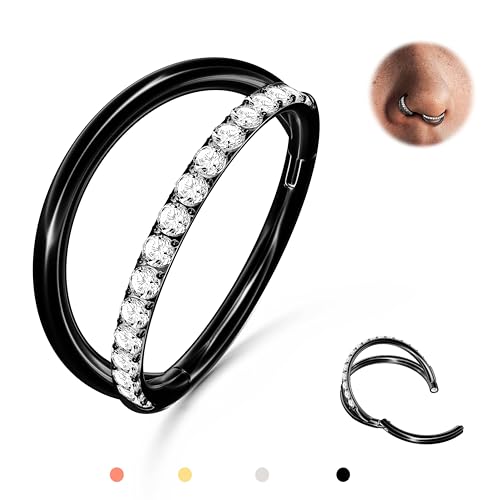 BodyBonita Double Hoop Nose Ring - Black Plated 316L Stainless Steel Septum Clicker 20G One-Side CZ Conch Piercing Jewelry Helix Rook Tragus Lip Rings Cartilage Earring 7 mm