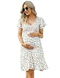 Coolmee Women's Maternity Short Sleeve Ruffle Dress V Neck Summer Casual Smocked Flowy Midi Dress for Baby Shower Photoshoot White Floral S