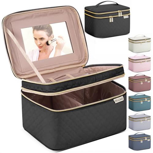 Hxlgmd Large Makeup Bag With Mirror Double Layer Travel Make Up Organizer Case cover