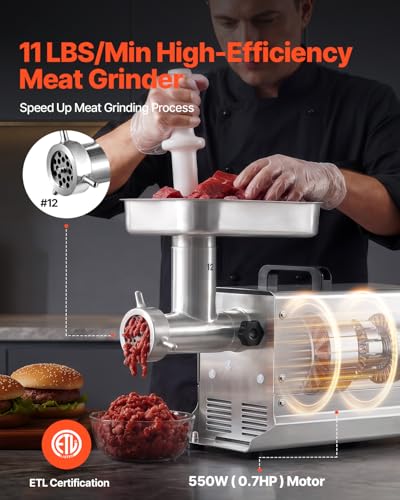 Image of VEVOR Commercial Meat Grinder, 11 Lbs /Min Capacity, #12 Electric Meat Mincer with 3 Plates, 3 Sausage Stuffing Tubes, 550W /0.7HP Stainless Steel Sausage Maker for Home Kitchen & Restaurant, ETL Listed