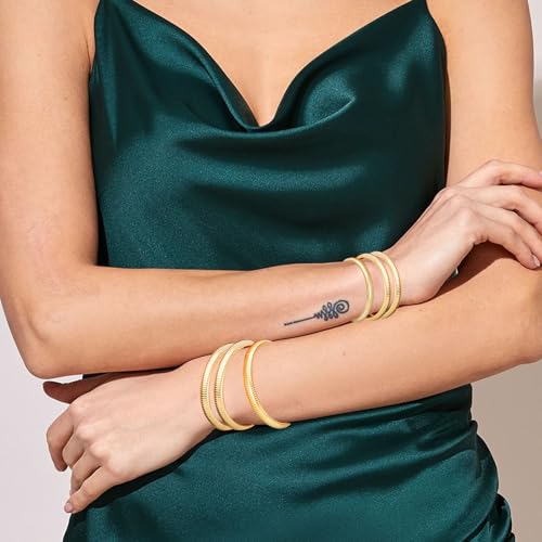 6 Pcs Gold Bangle Bracelets for Women, Chunky Stack Gold Plated Stretch Bracelet Jewelry Non-Tarnish, Flexible Trendy Designer Look Alike Jewelry Wristband Link Chain Cuff Bracelets Halloween3