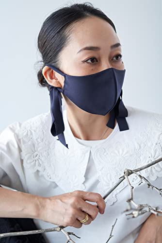 ミツフジ リボンマスク ネイビー/ネイビー 日本製 おしゃれ フォーマル オーガニック 高島ちぢみ 肌に優しい 耳が痛くなりにくい 小顔美鼻 UVカット 大人
