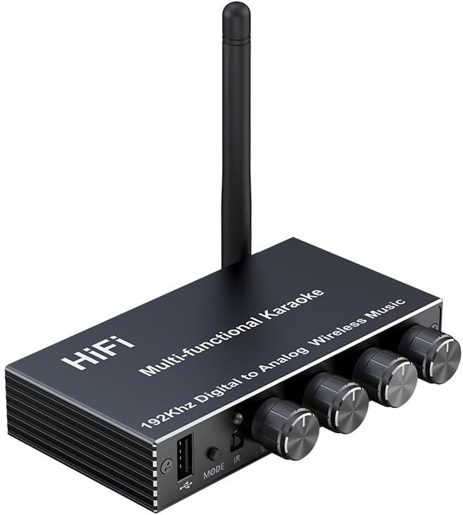 Wireless Music Streamer, BT 5.4 Receiver with USB Drive Support and MIC/AUX/Coaxial Connections, Compatible with Home Stereo and Karaoke Equipment