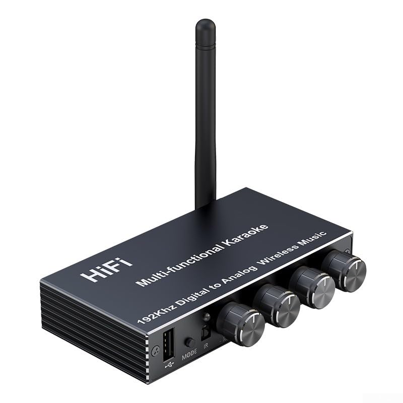 Wireless Music Streamer, BT 5.4 Receiver with USB Drive Support and MIC/AUX/Coaxial Connections, Compatible with Home Stereo and Karaoke Equipment