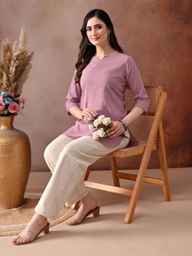 Image of Amazon Brand - Tavasya Women Pure Cotton Katha Plain Short Regular Fit Kurti |Short Top| Solid Casual Tunic