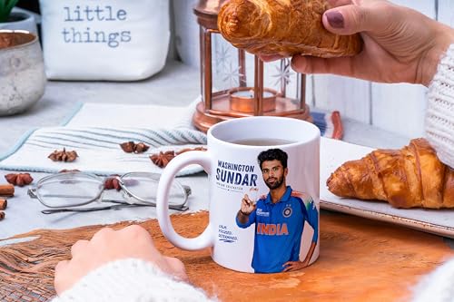 Image of Cricket Theme Coffee Mug IPL Edition - Stylish Helicopter Shot Print Cup - Gift for Cricket Fans, Boys & Friends (Washington Sundar, Large)